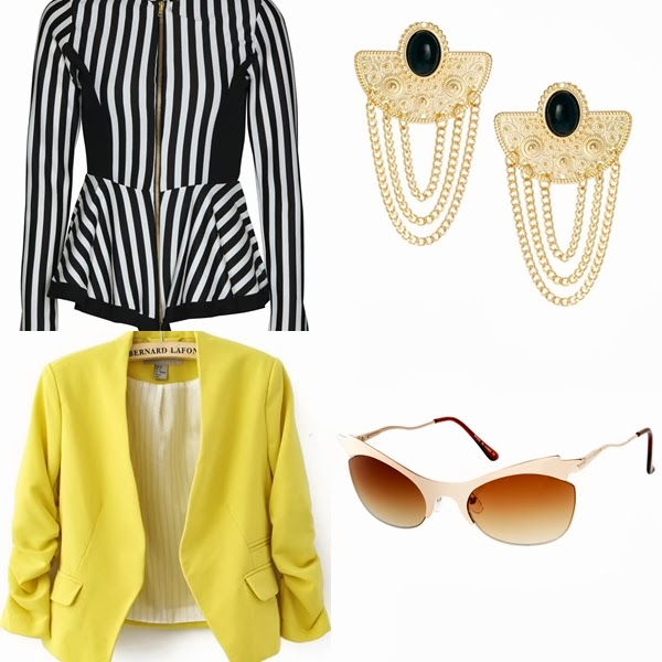striped zip through blazer,yellow collarless blazer,chain earrings,cat eye sunglasses