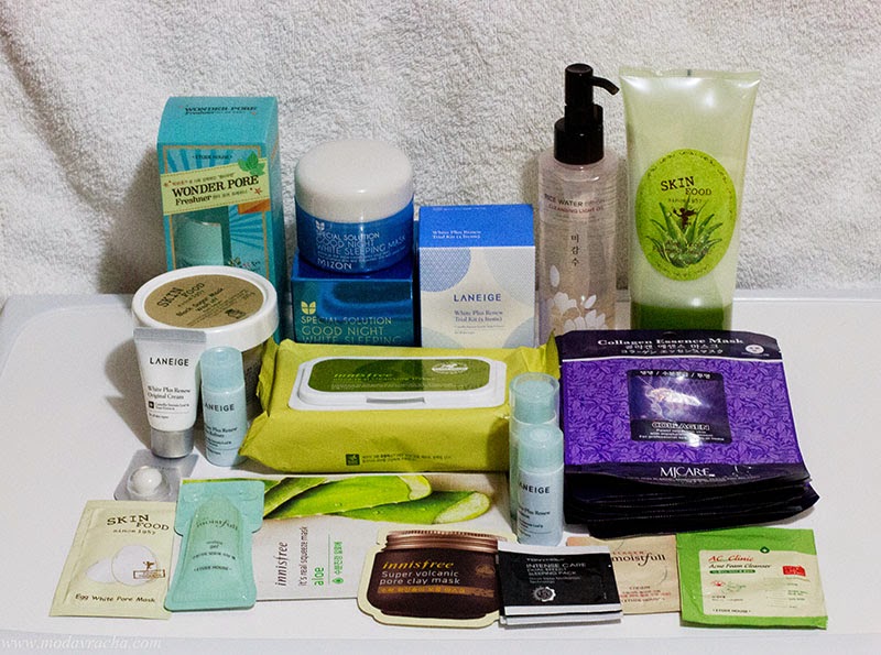Korean skin care routine products using products from etude house, skinfood, laneige, innisfree, tony moly, mizon.