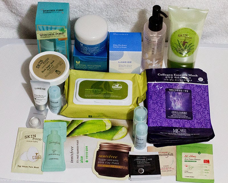 Korean skin care routine products using products from etude house, skinfood, laneige, innisfree, tony moly, mizon.