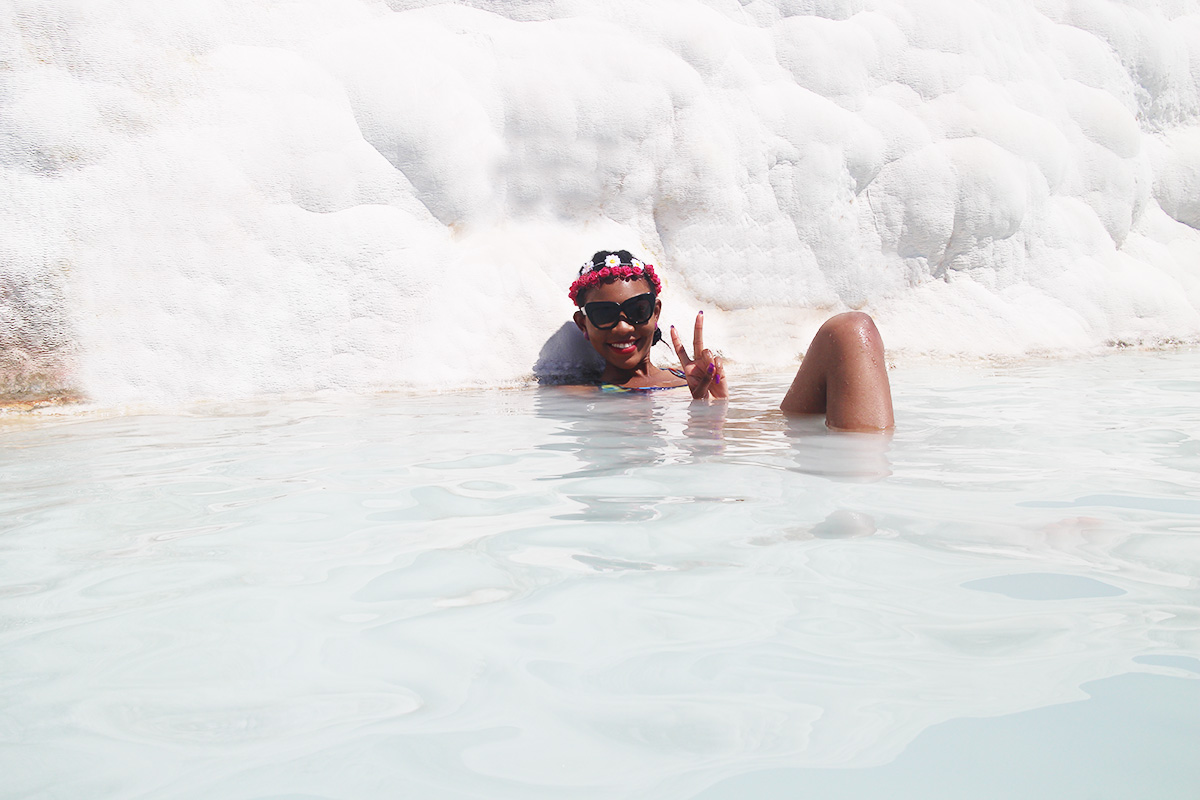 soaking in thermal pool in pamukkale