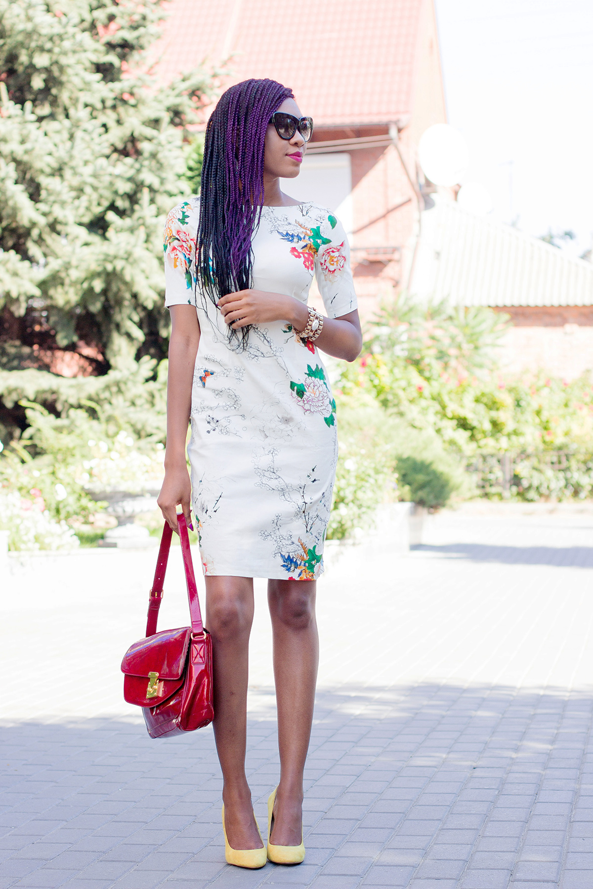 floral print dress and purple braids