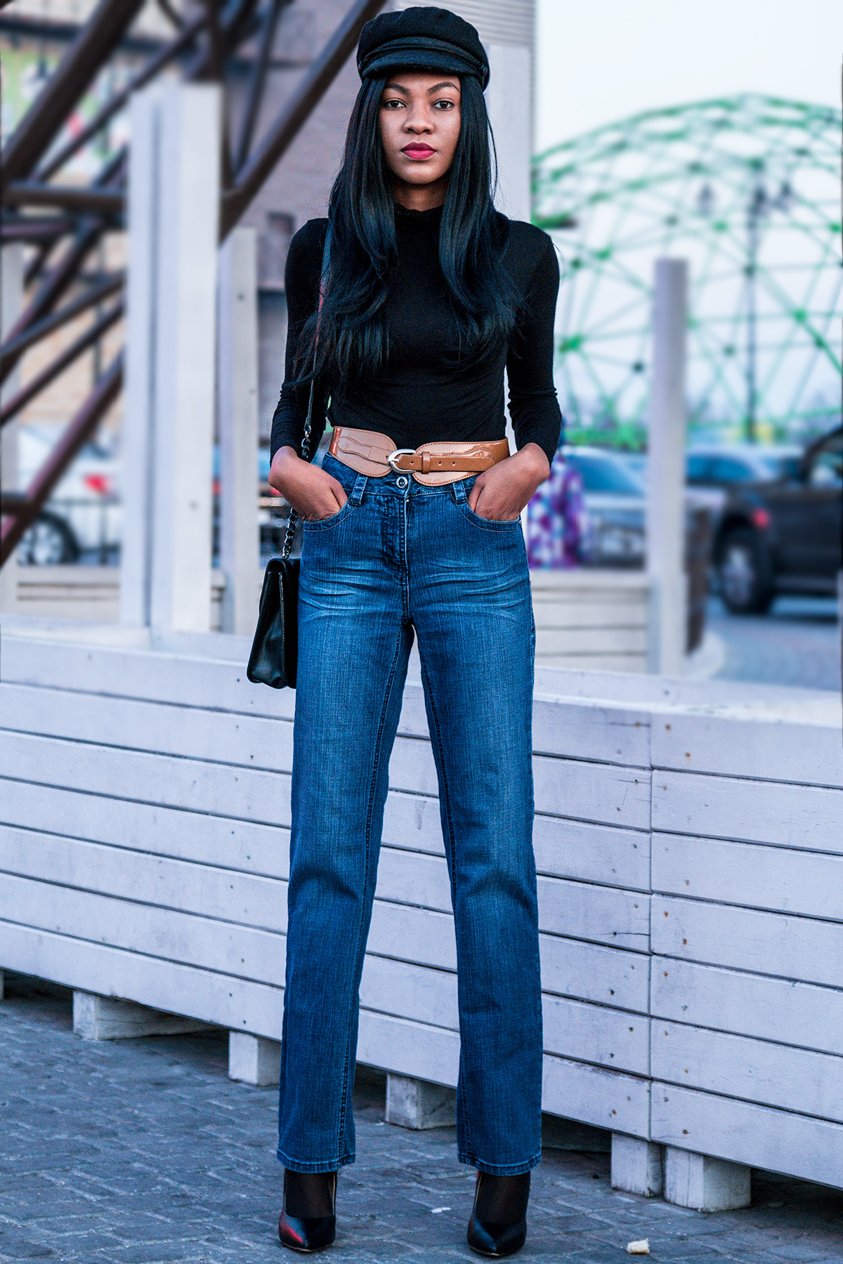 70s retro chic look in wide leg jeans
