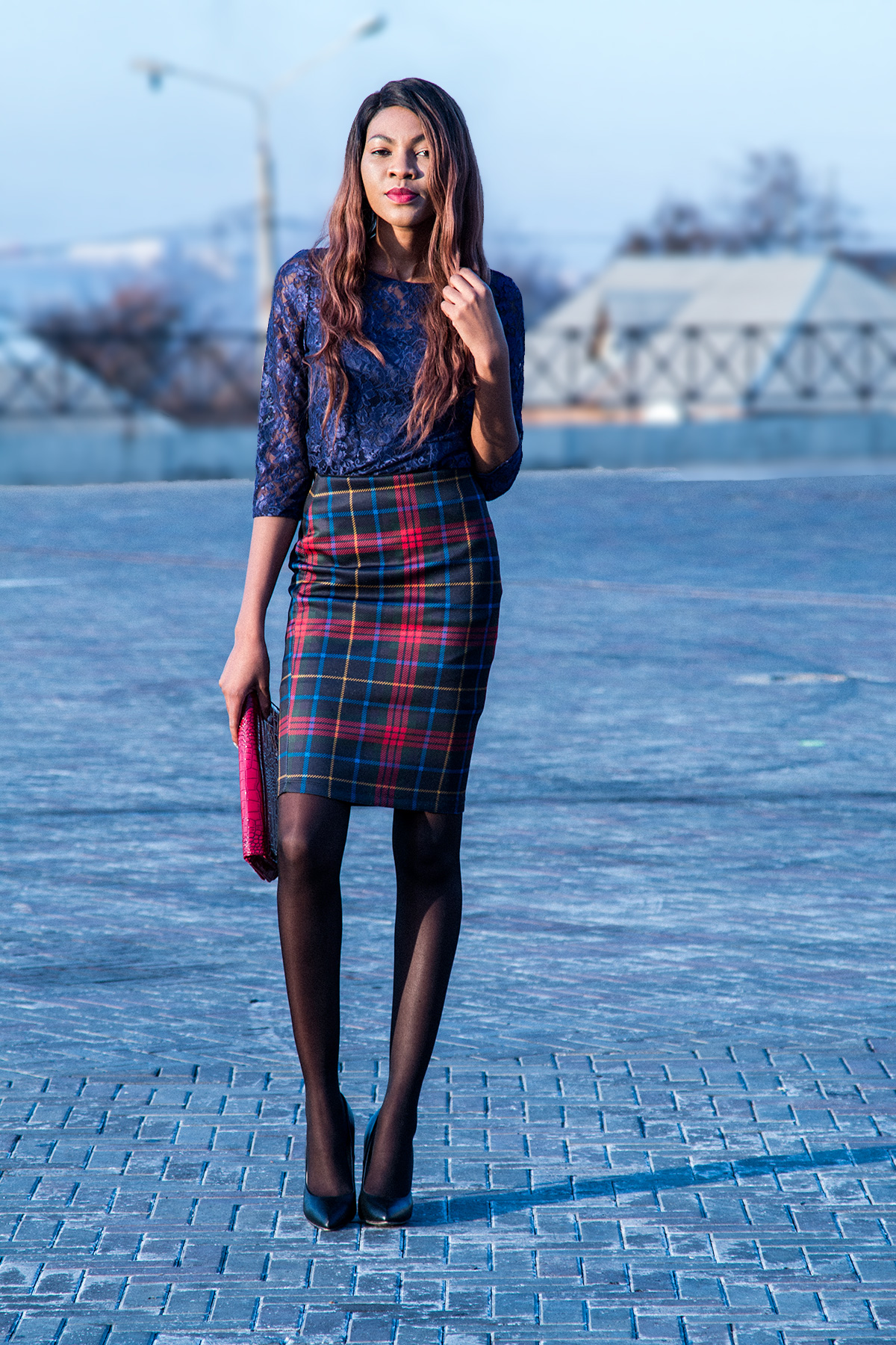 Women Long Sleeve Slim Fit Elegant Lace Cocktail Dress styled with a plaid skirt.