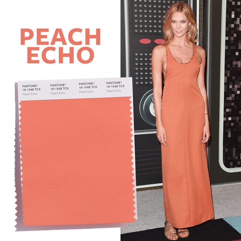 peach echo pantone color of 2016 worn by blonde model karlie kloss