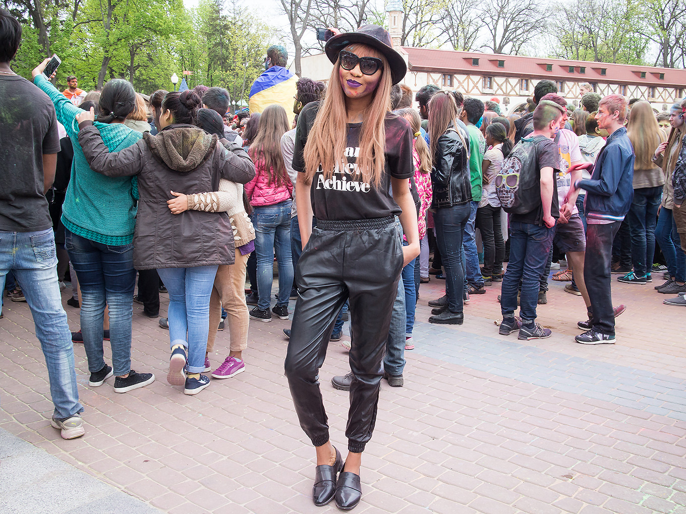 Black on Black leather look jogger pants outfit