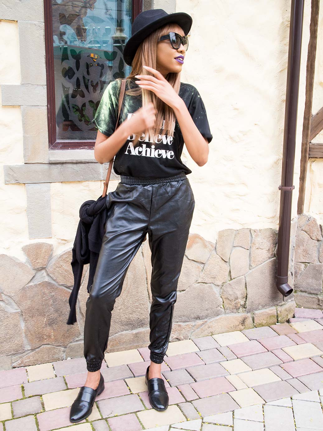 Black leather look jogger pants outfit