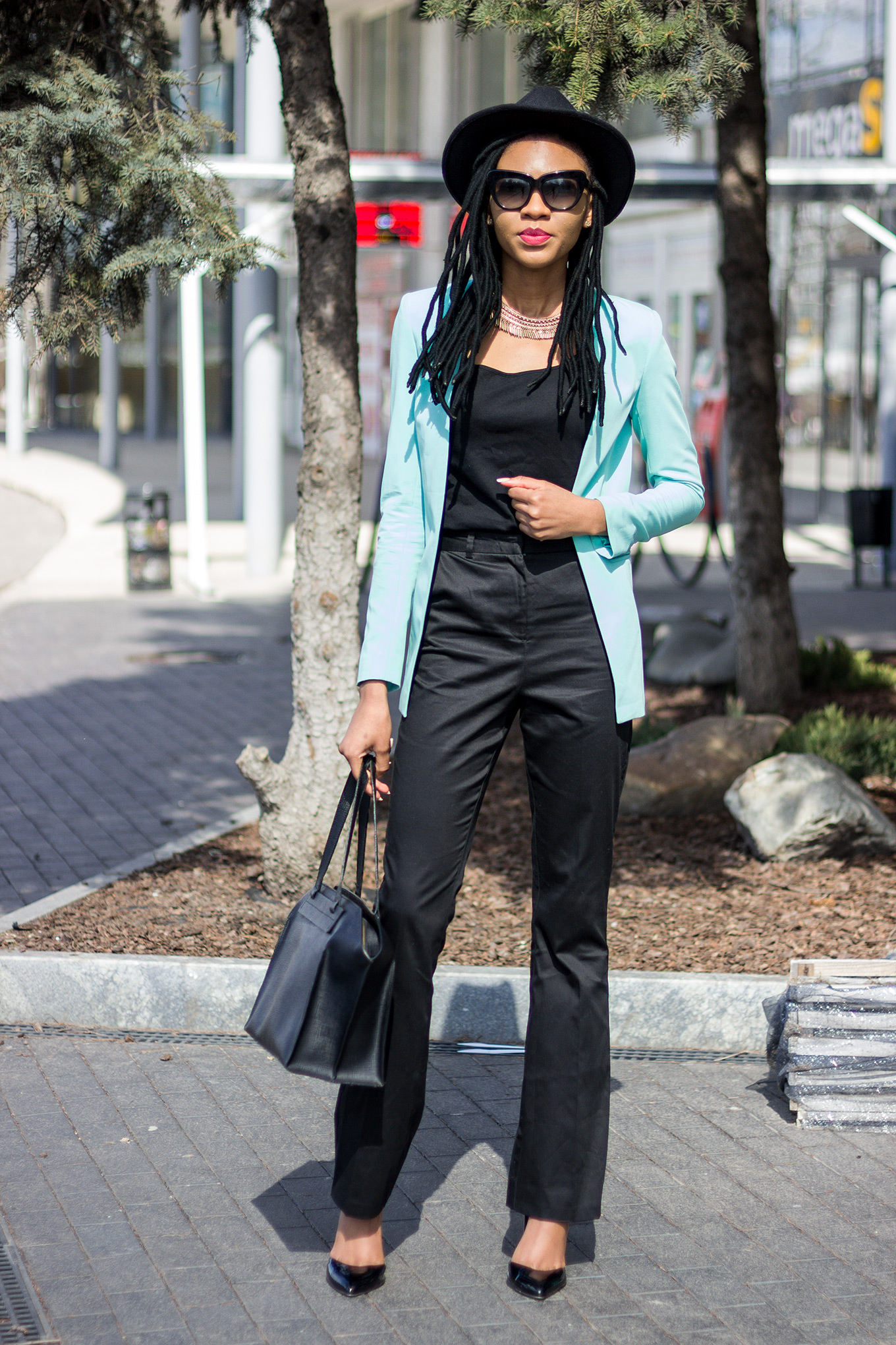 Mint Blazer And Black Flare Pants In Cotton Sateen Outfit