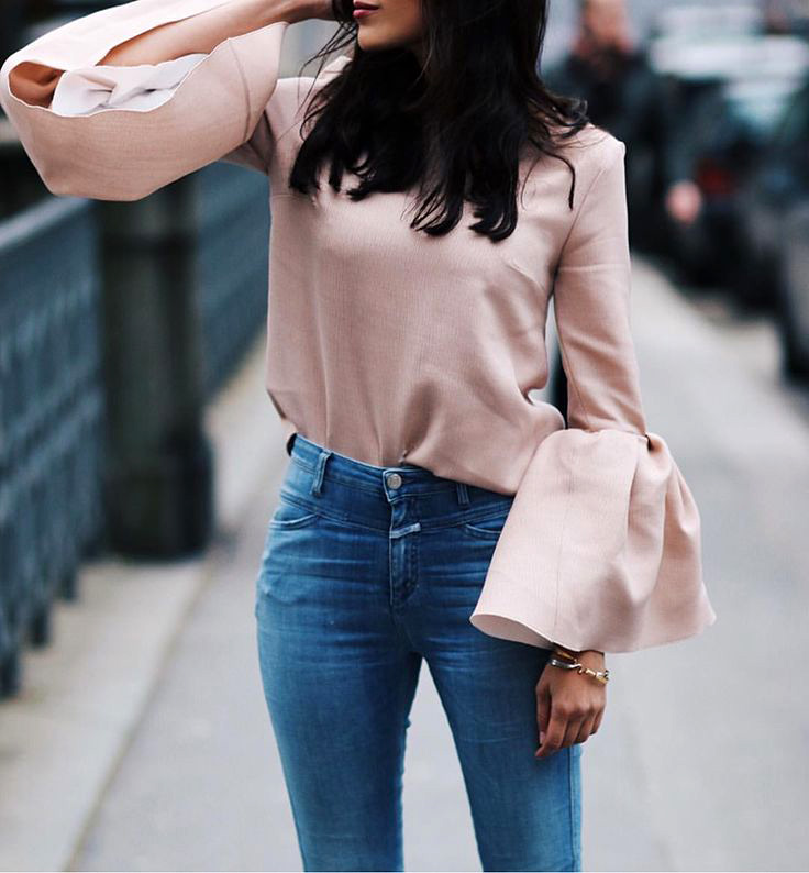 pink fluted sleeve top outfit idea