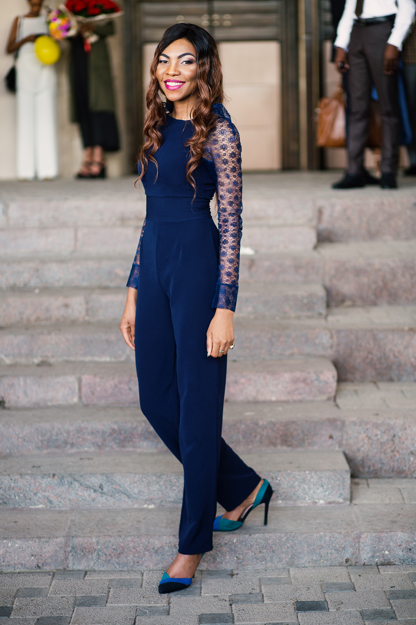 Navy Lace Jumpsuit wedding guest style