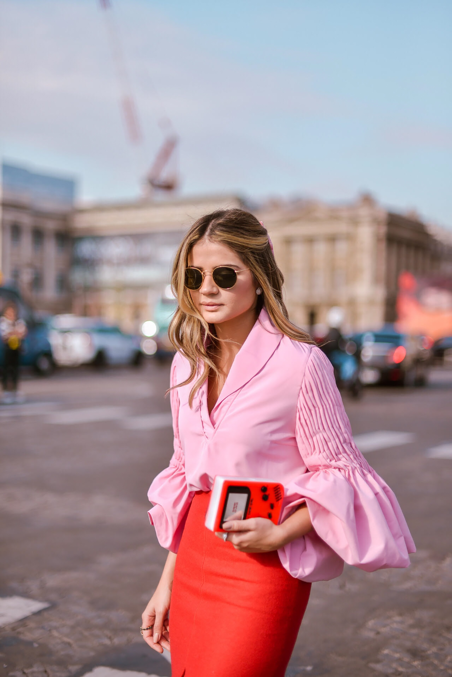 Pink and red combo Fluted sleeve outfit 