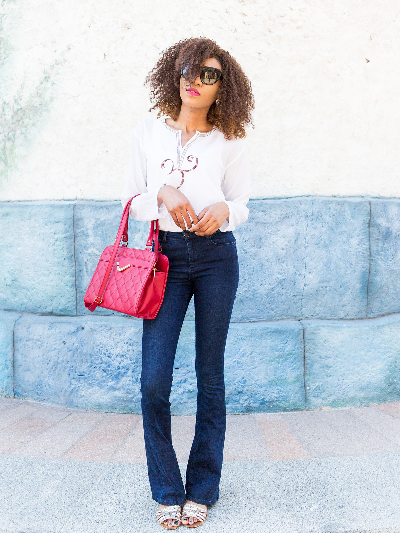 Embroidered neck blouse look