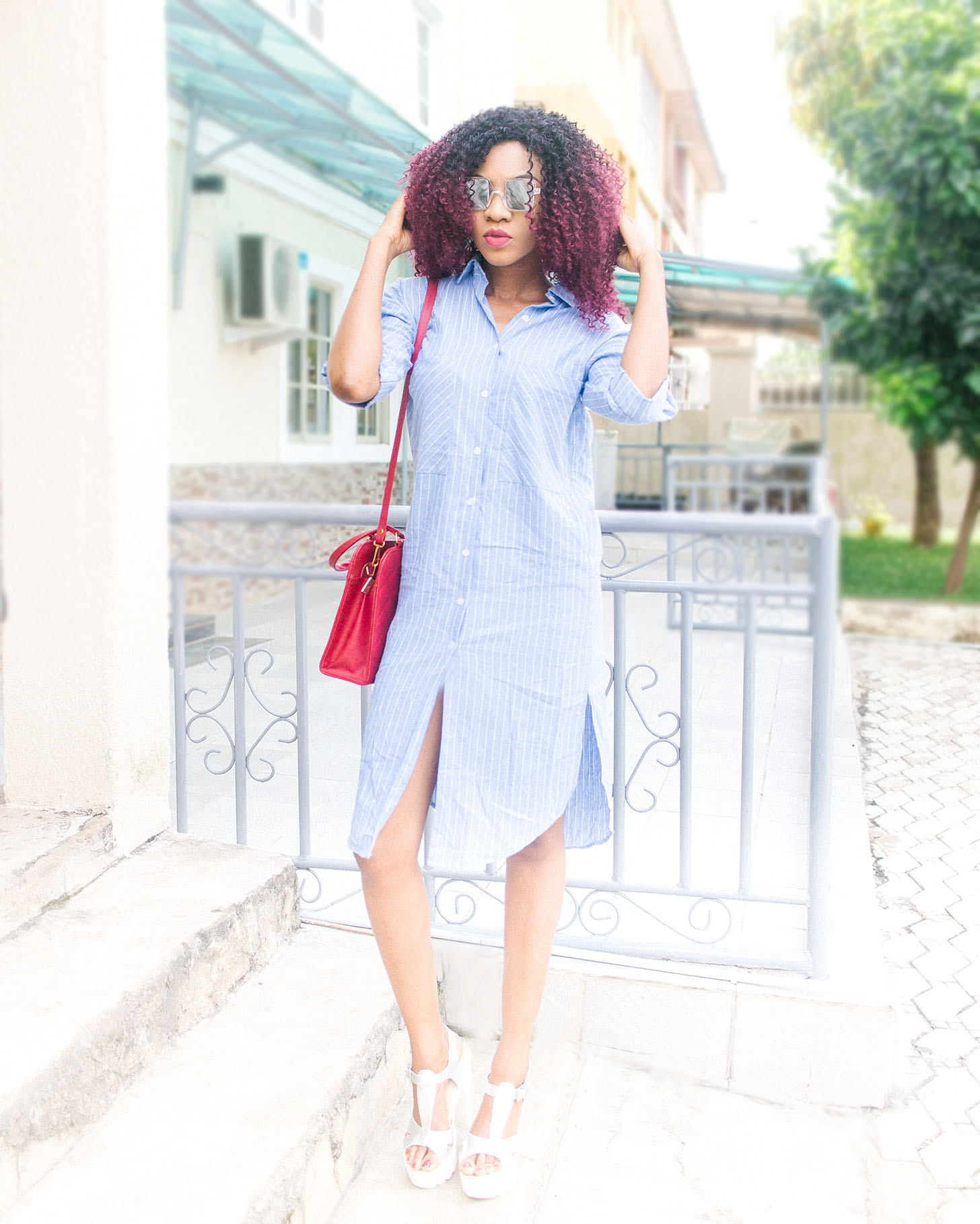 Striped shirt dress outfit with chunky heels