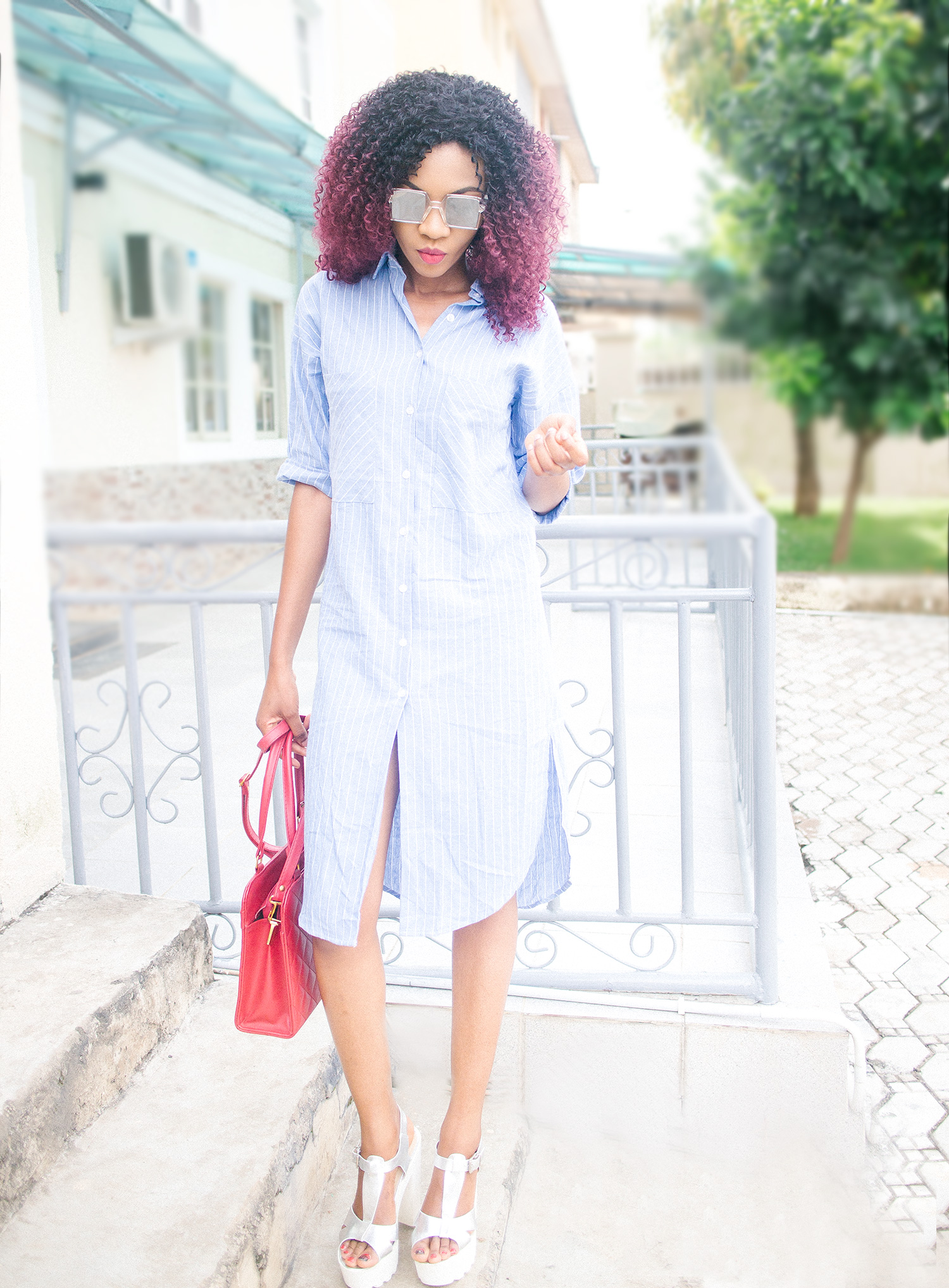 blue and white striped shirt dress outfit
