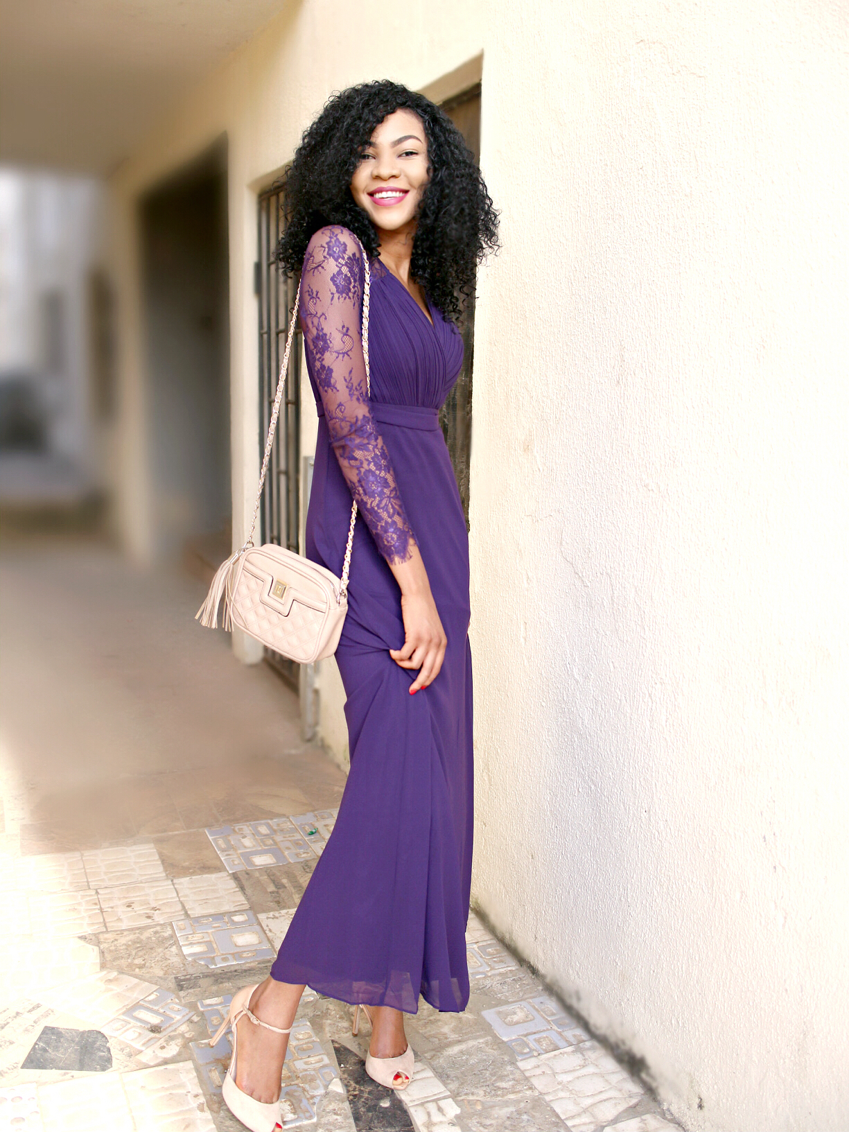 Wedding Guest Outfit Idea | Purple Lace Sleeves Dress Outfit