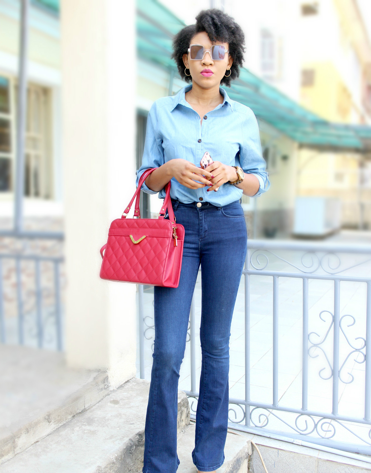 Blue Contrast Denim on Denim outfit