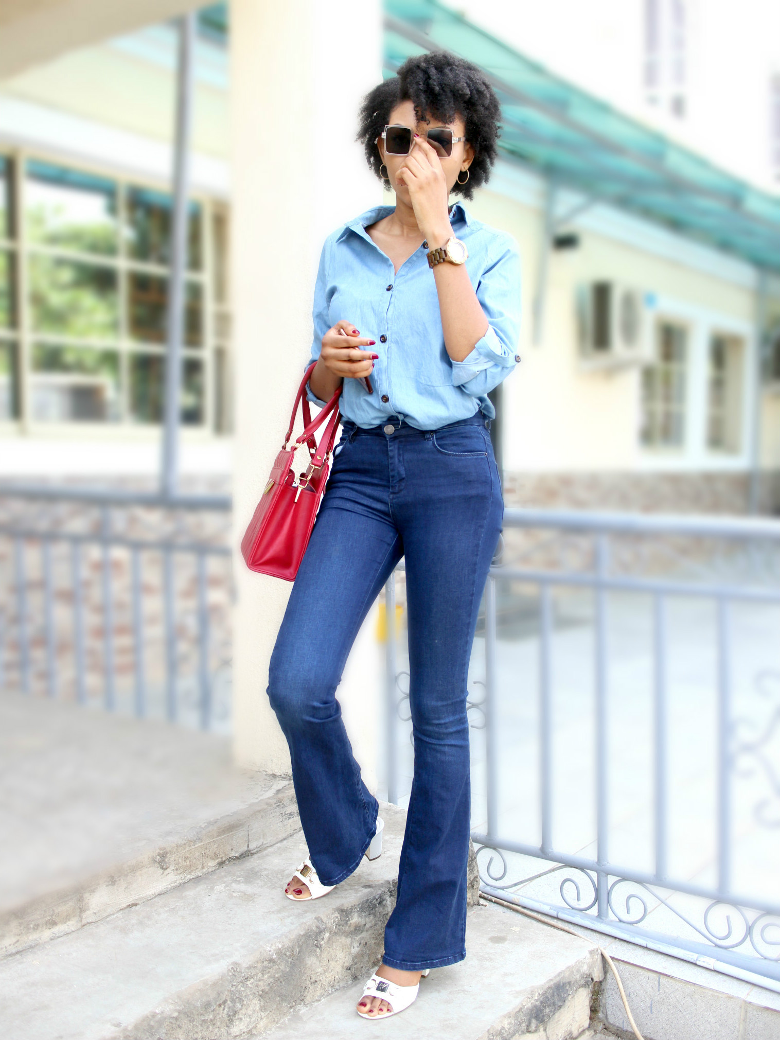 Contrast denim on denim outfit with mule shoes