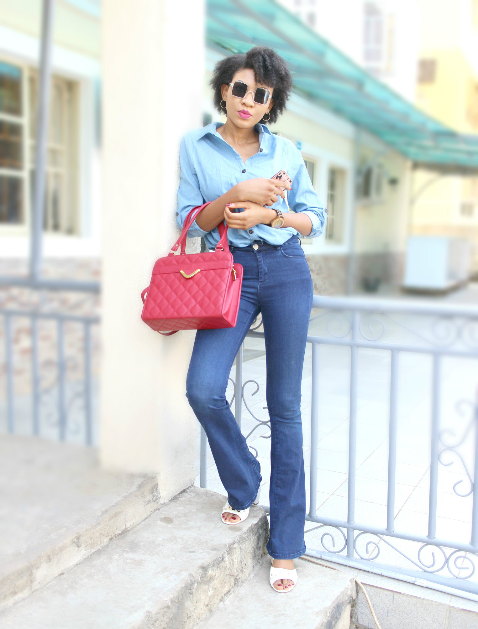 Denim on denim outfit with contrast blue
