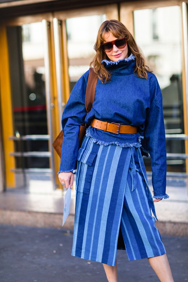 Wear wrap skirt denim outfit for fashion week