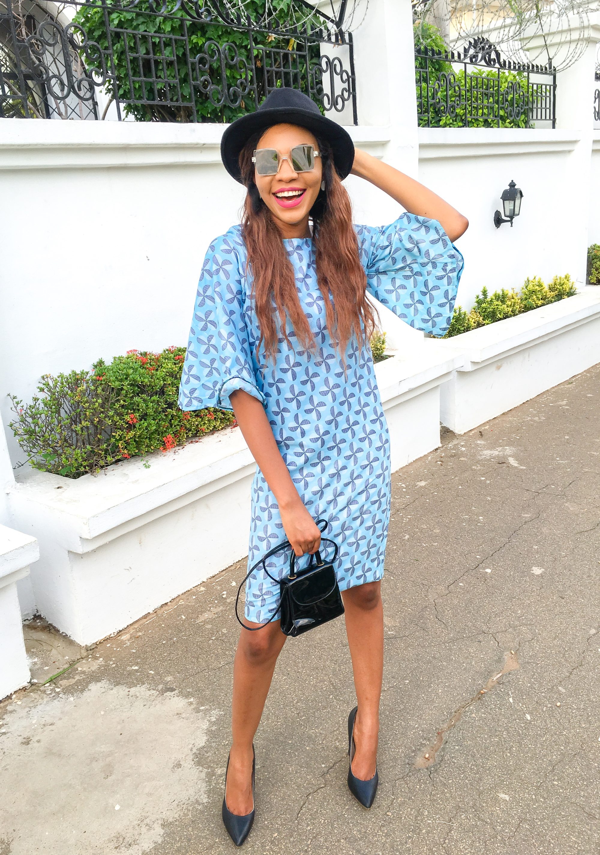 Ankara shift dress hat and heels outfit