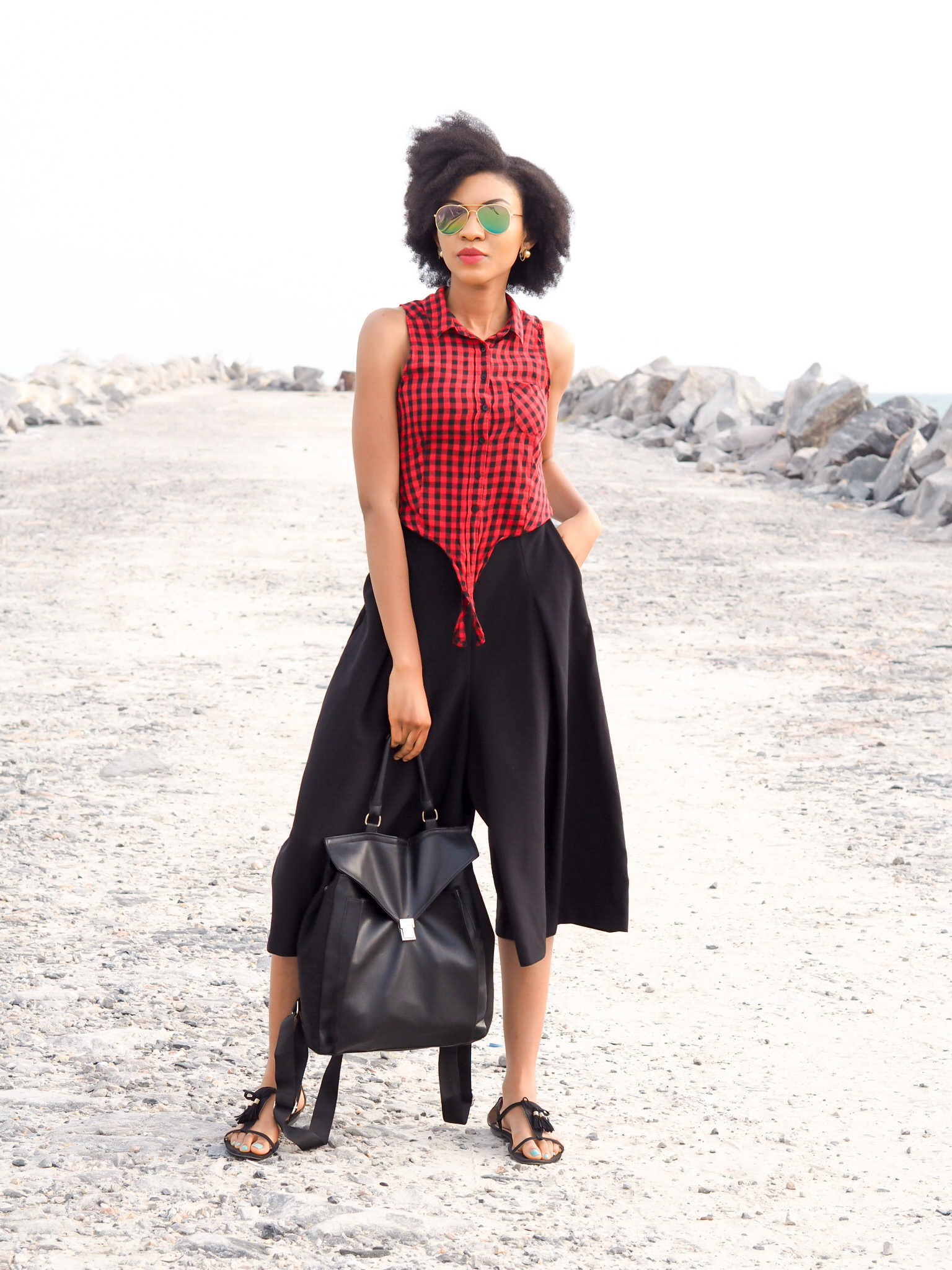 blogger Modavracha in red check shirt and midi culottes outfit