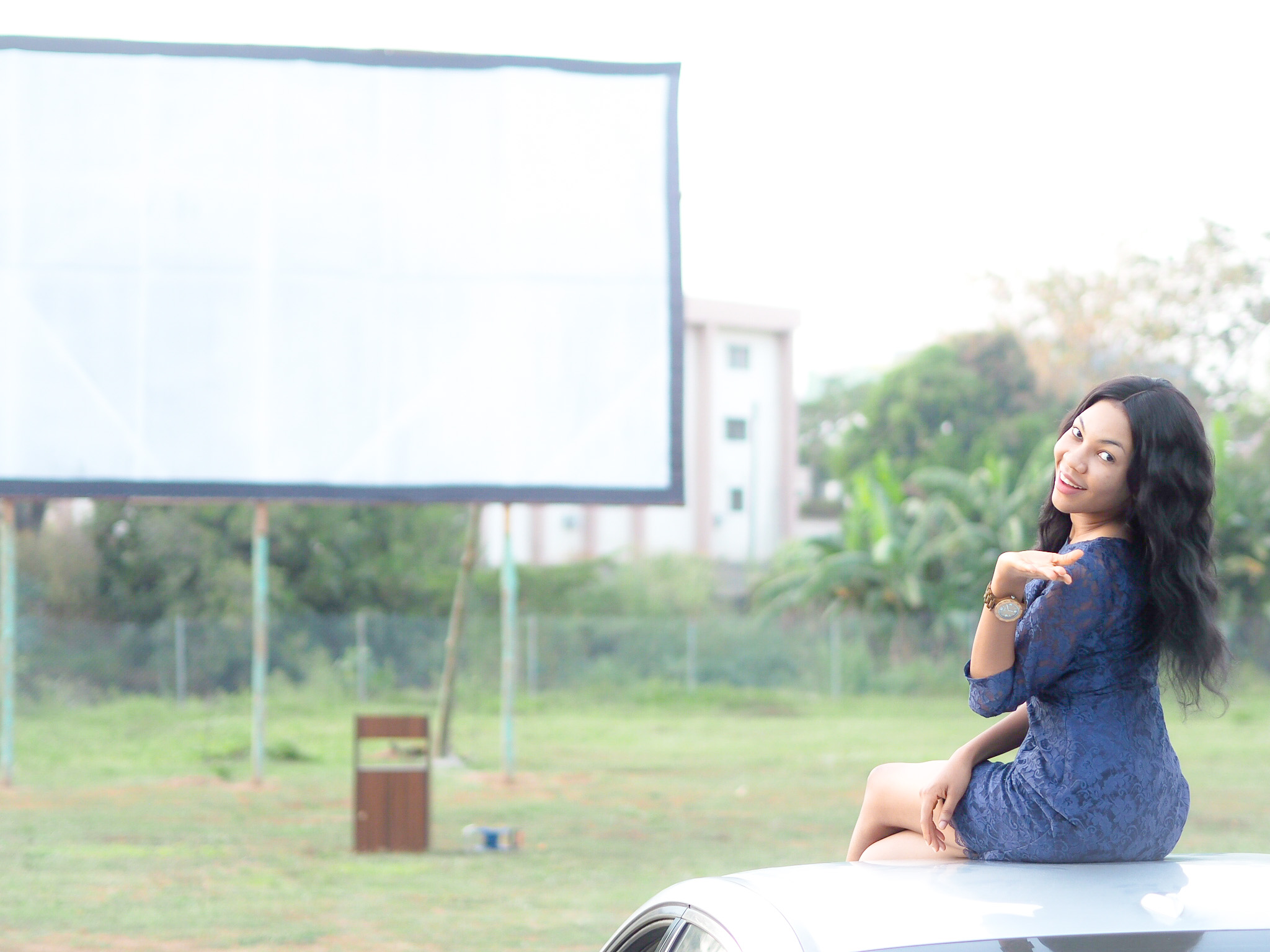 Blogger Onyinye of modavracha at an outdoor cinema in Abuja.