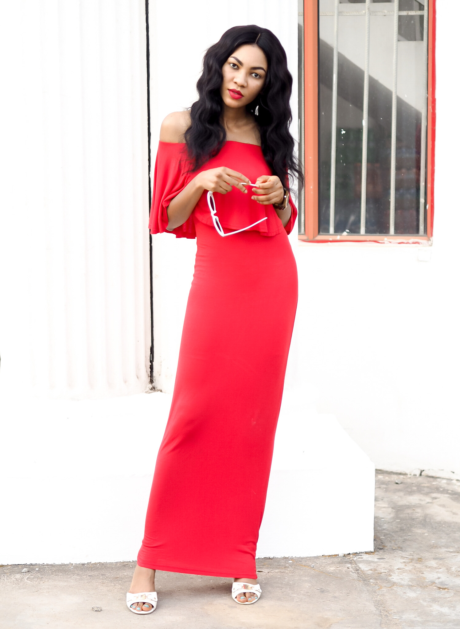 birthday in red fitted jersey dress with off shoulder