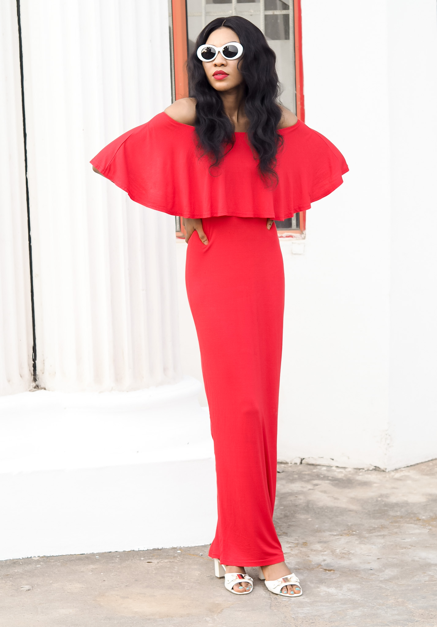 Red off shoulder long bodycon dress