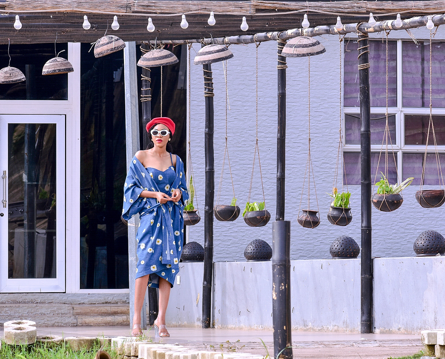 convertible denim wrap dress outfit with red beret and clear mule heels