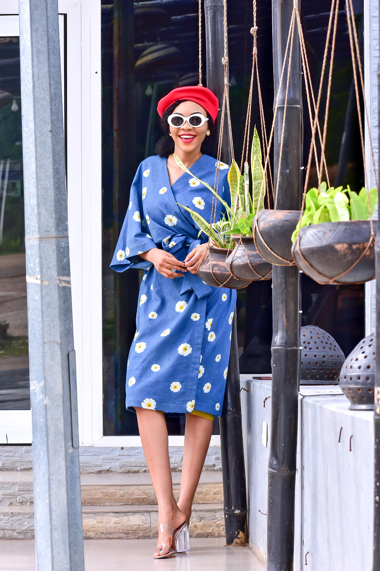 convertible denim wrap dress outfit with red beret