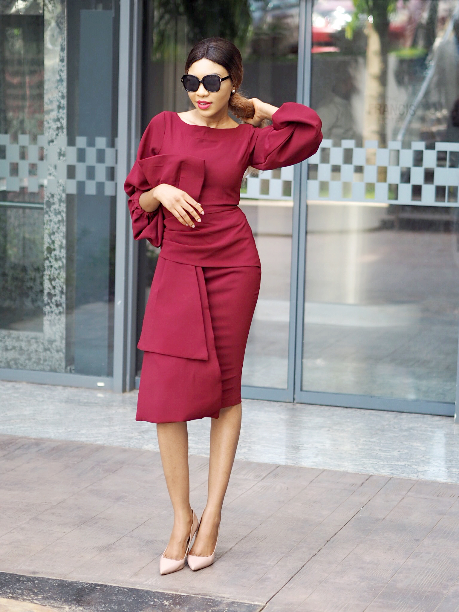 Aura by Divalukky new Bow dress in burgundy on Abuja blogger modavracha