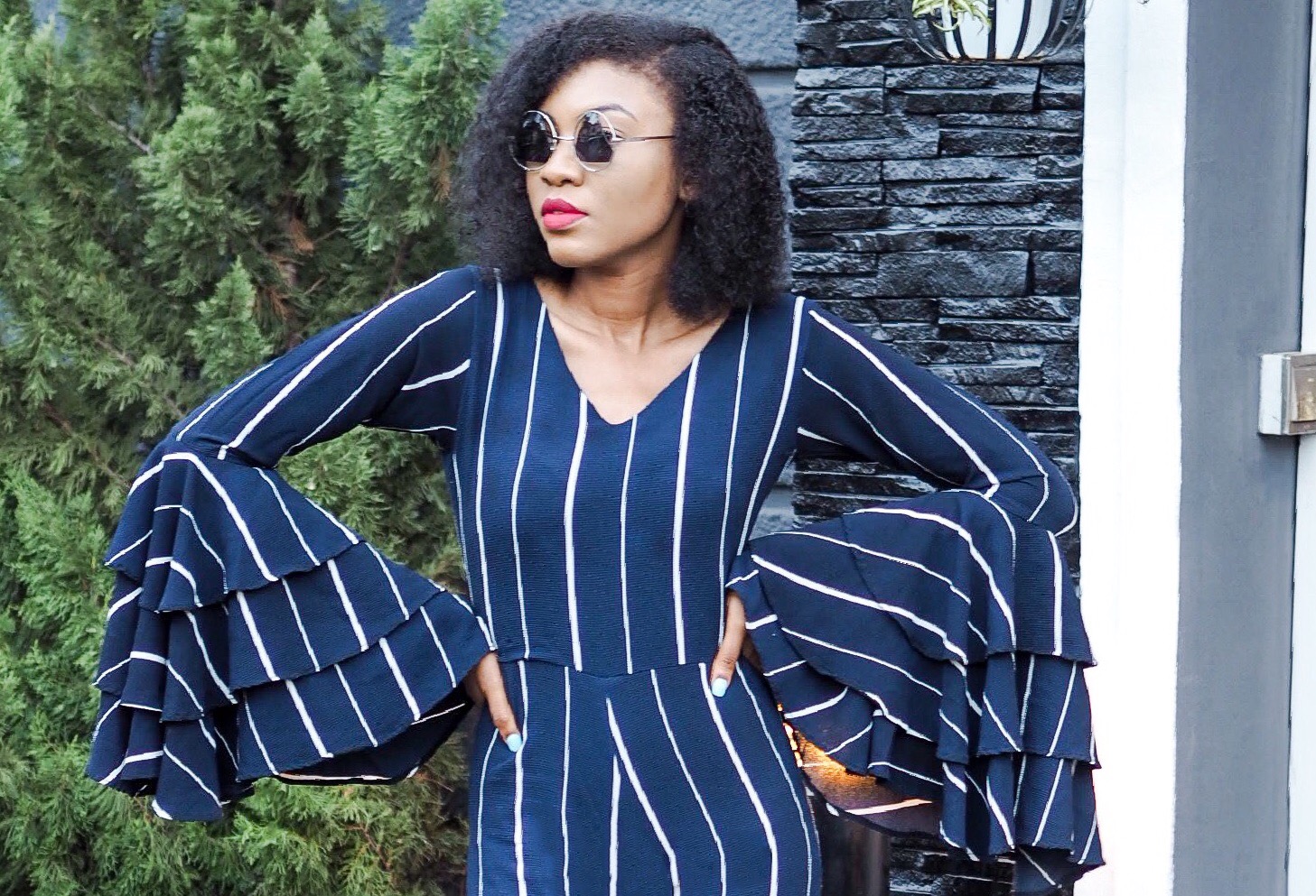 blue and white striped jumpsuit outfit Abuja blogger