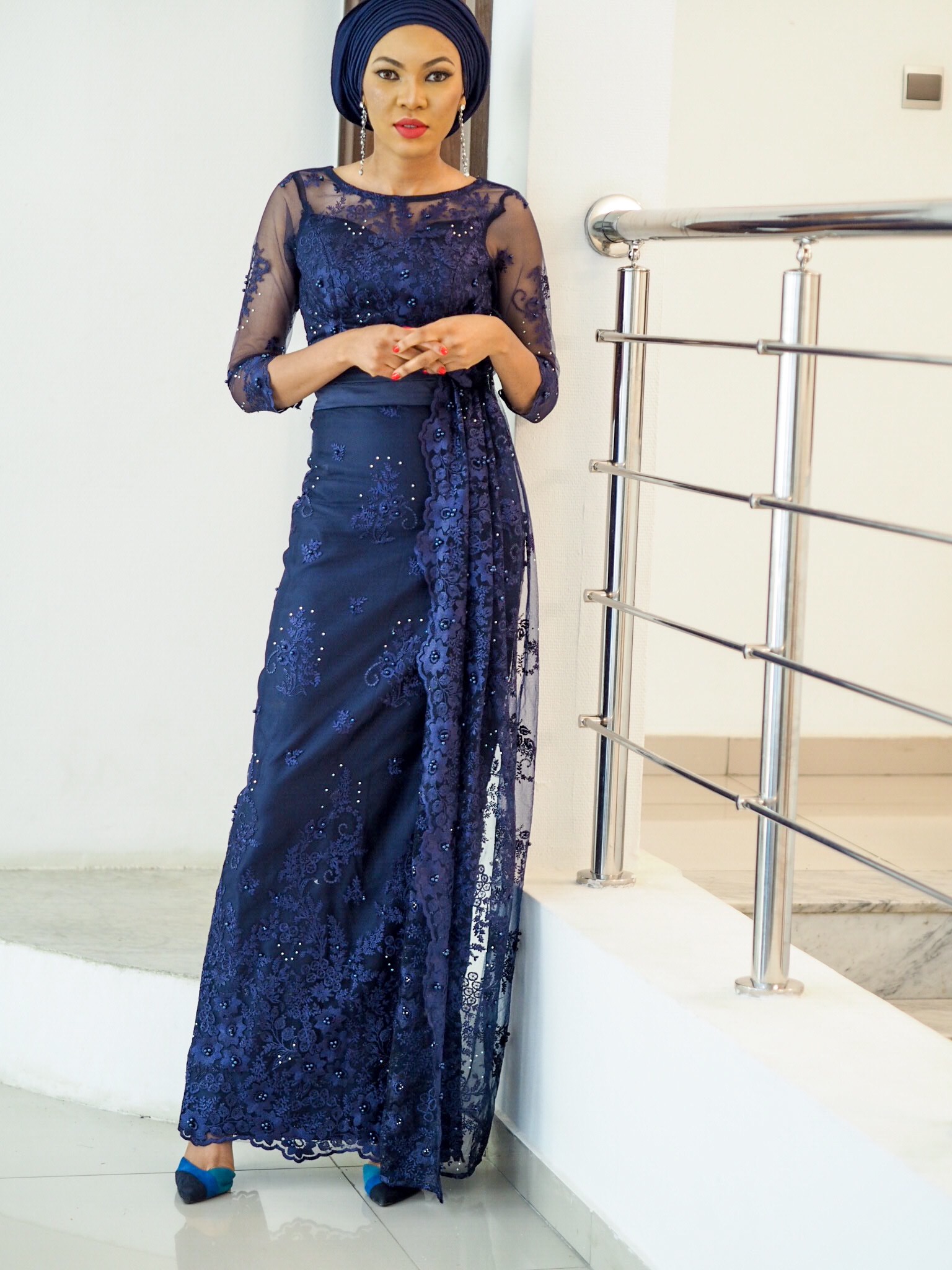 Nigerian wedding Navy Blue lace Asoebi dress 