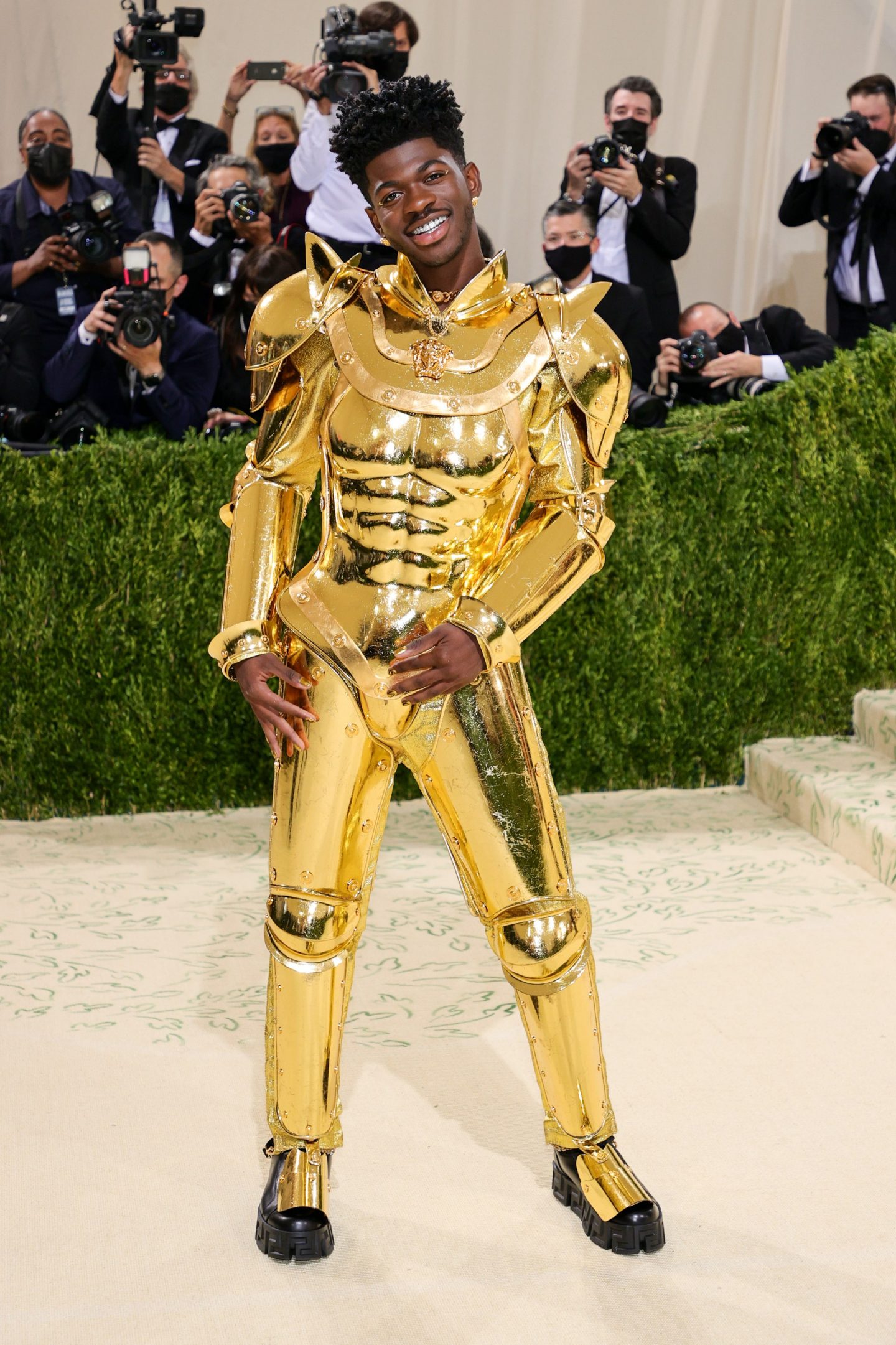 Lil Nas X in Versace gold armour-type custome Met gala 2021 outfits