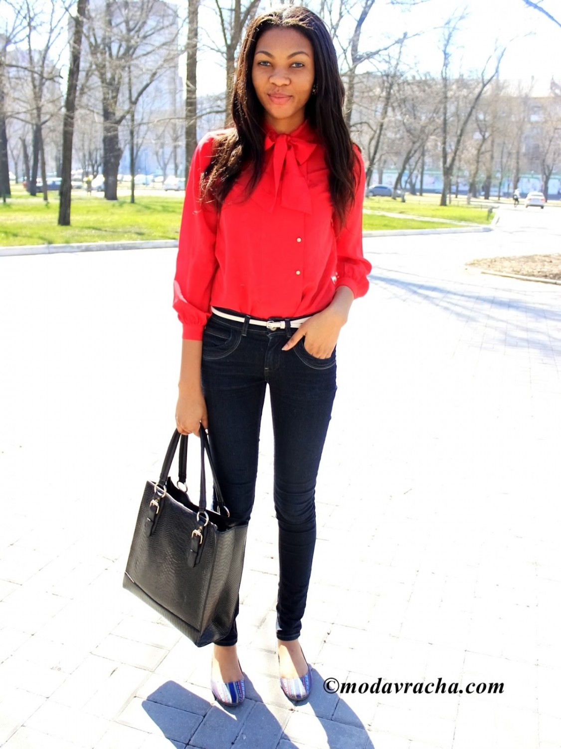 red pussy bow blouse outfit