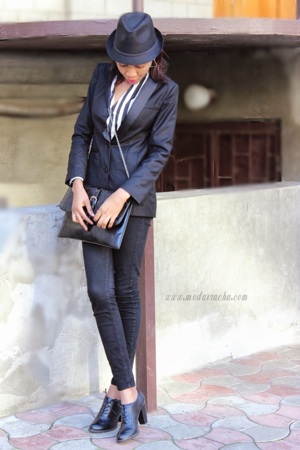 Womens suit outfit with fedora hat