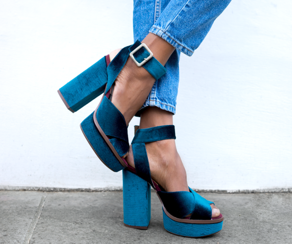Blue Velvet chunky heels sandals.