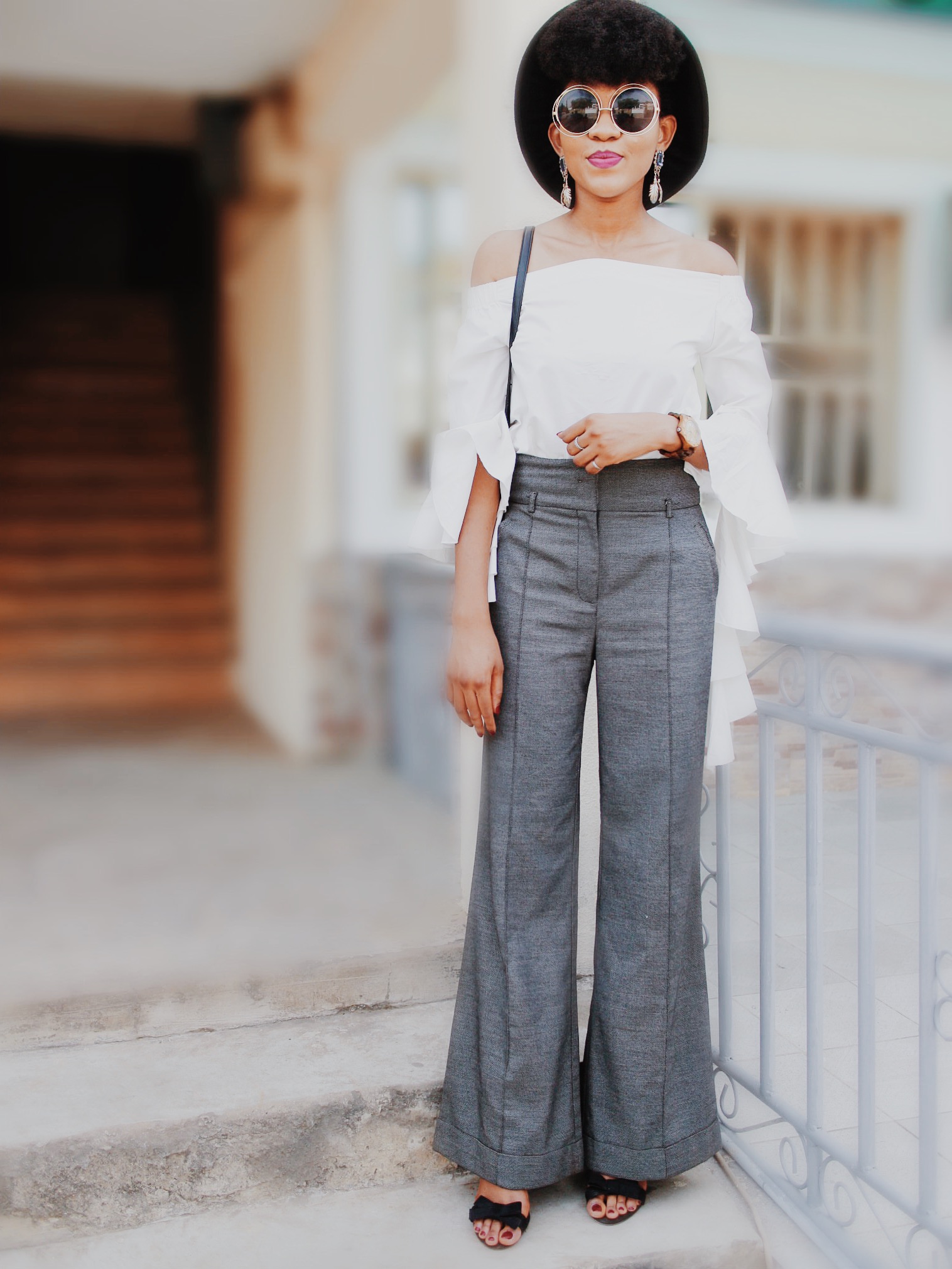 Ruffles Flare Sleeve Off Shoulder Top Outfit With Palazzo Style Trousers
