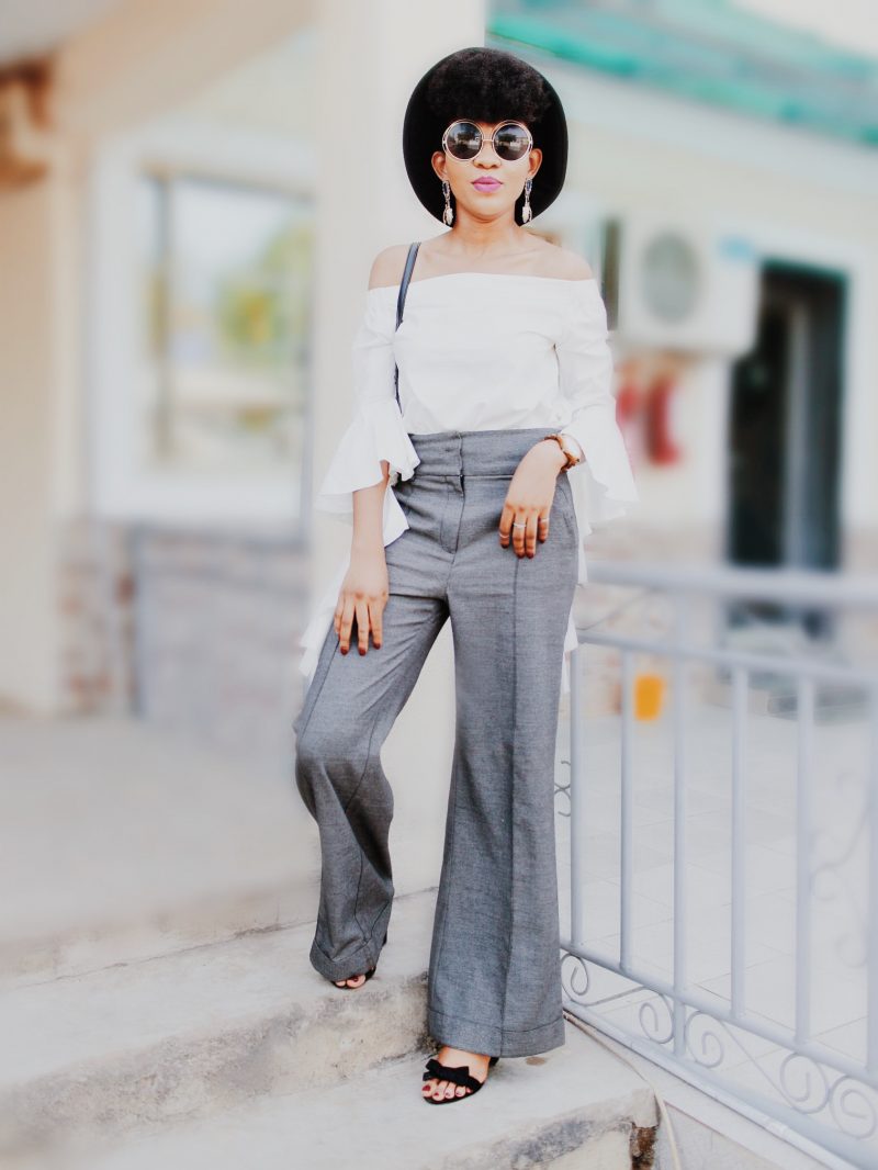 Ruffles Flare Sleeve Off Shoulder Top Outfit With Palazzo Style Trousers