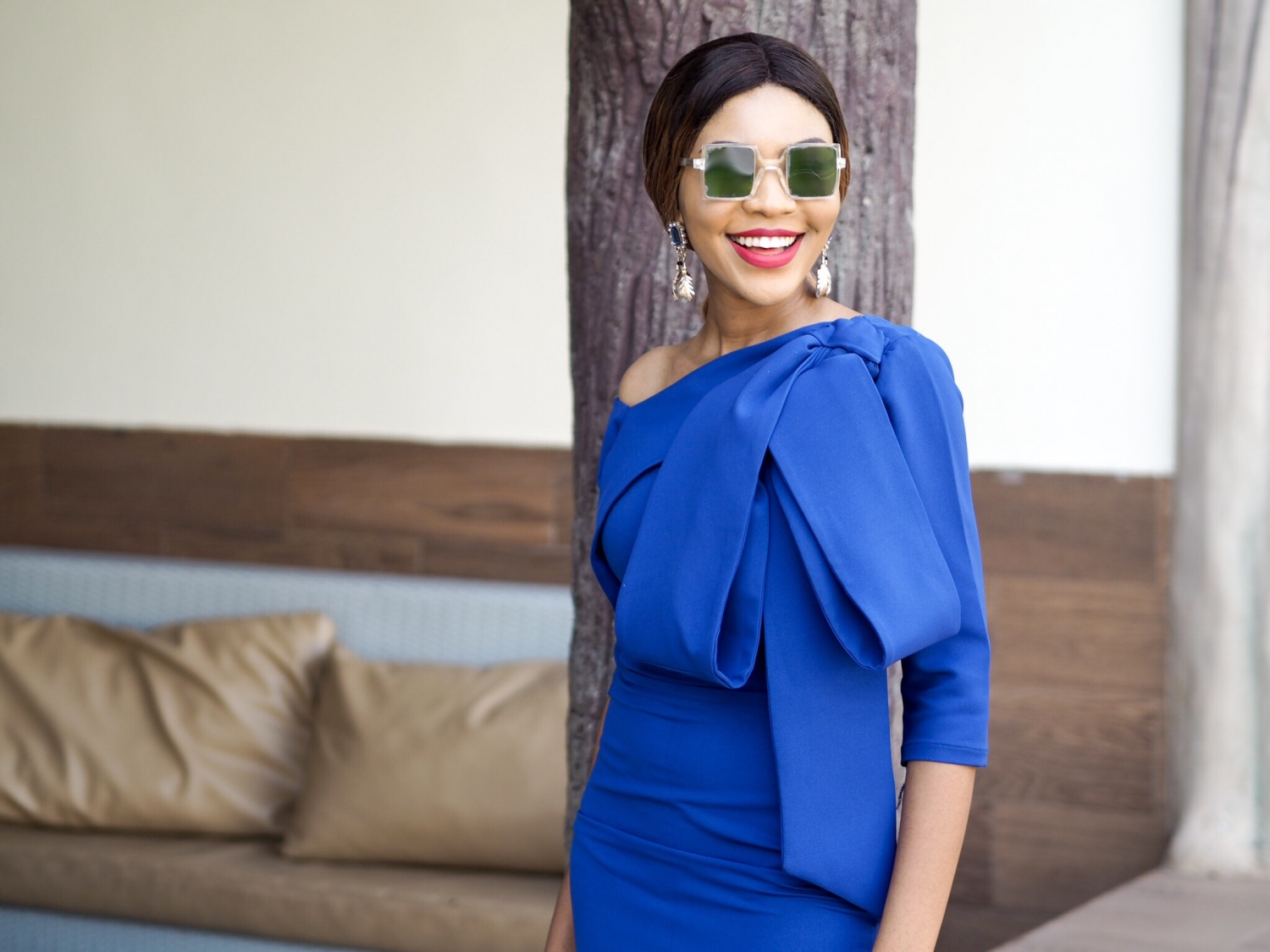 Blue structured dress outfit